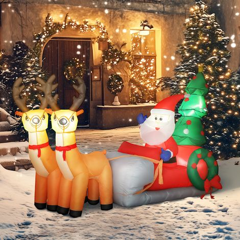 Aufblasbarer Weihnachtsmann mit Schlitten und aufblasbares Weihnachtsrentier mit LED-Beleuchtung für den Innen- und Außenbereich, 216 x 90 x 150 cm