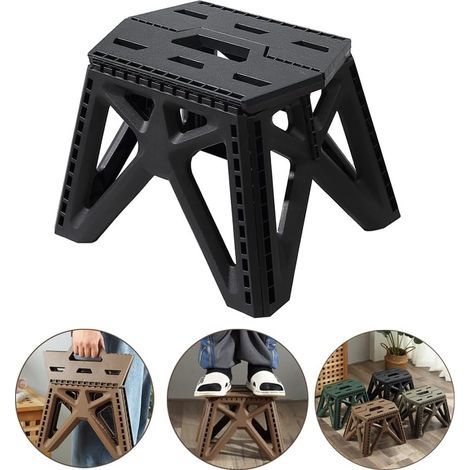 Tabouret Portable pour Enfants Et Adultes - Tabouret Solide Et Sûr - Multifonctions Tabourets Pliant De Camping avec Poignée pour Cuisine, Salle De Bains, Jardin (Hauteur 23,5 Cm - Noir) (1/5)