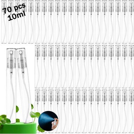 Lot de 70 mini-flacons vaporisateurs en verre transparent de 10 ml, rechargeables, pour échantillons de parfum, cosmétiques, maquillage, produits de nettoyage, voyages et huiles essentielles. (1/5)