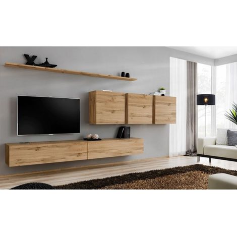 Ensemble mural - Switch VII - 3 vitrines carrées - 2 bancs TV - 2 étagères - Bois - Livraison gratuite