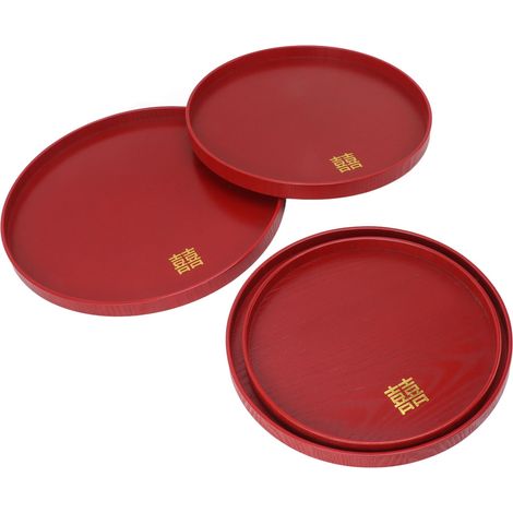 Plateau de service chinois 4 pièces, rouge, mariage, thé, café, en-cas, en bois, plateau rond pour fruits et bonbons (1/5)