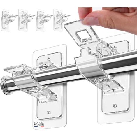 Support Tringle Rideau sans Perçage - Lot de 4 - Ø13-30mm - Garantie Transparent, Marque Française, Auto-Adhésif, Avec vis et chevilles inclus, Charge 8kg Max, Garantie à Vie (1/5)