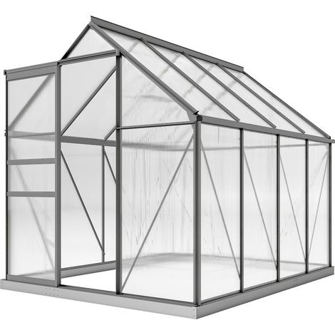 Serre en polycarbonate et aluminium avec fenêtre ouvrante et porte coulissante, 190 x 253 x 199 cm, gris foncé (1/5)