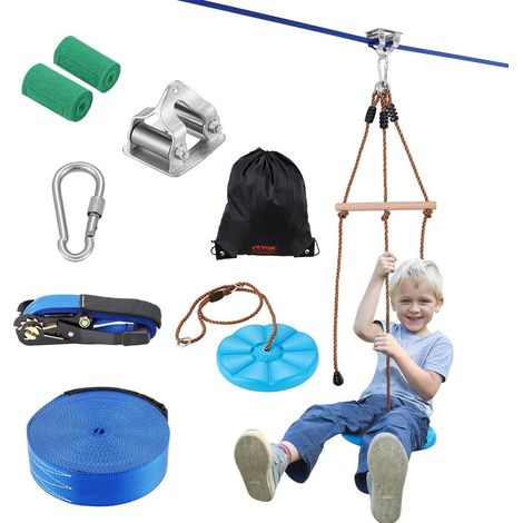 Tyrolienne Jardin 15,8 m Kit Tyrolienne Extérieure Enfant Adulte avec Harnais Sécurité Siège Guidon Charge 227 kg