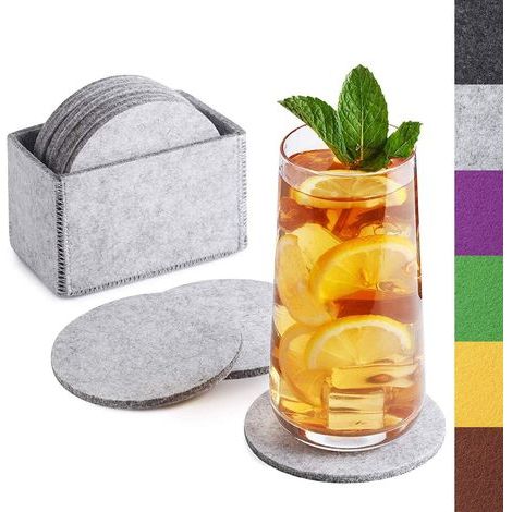 Posavasos redondos de fieltro para vasos - Juego de 10 en caja - Posavasos de diseño gris claro para bebidas, tazas, bar y vasos - Posavasos de fieltro de primera calidad para mesa (1/5)