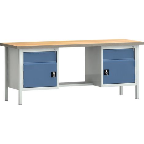 Banco da lavoro PW 700 l 2000xP700xH840 mm Multiplex faggio grigio chiaro, RAL 7035 blu lucido, RAL 5007 2 cassetti 2 ante