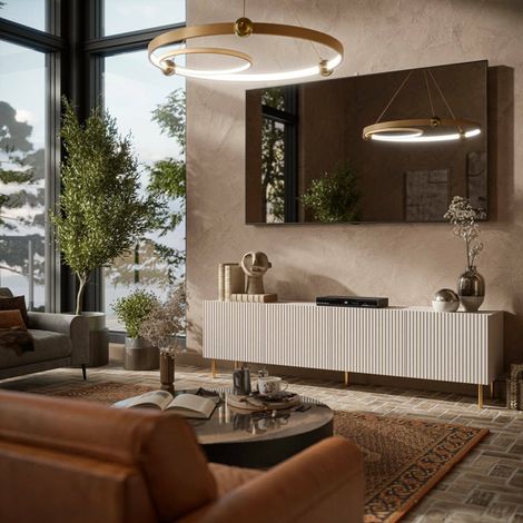 Varenna TV-Ständer, Wohnzimmer-Sideboard mit vier Flügeltüren, vom Boden abgehoben, 200 x 42 x 52 cm, Beige (1/4)