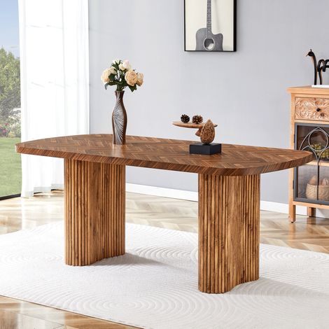 Esstisch 180/90 cm in Nussbaumoptik aus MDF mit bogenförmigem Säulengestell, modern minimalistisch