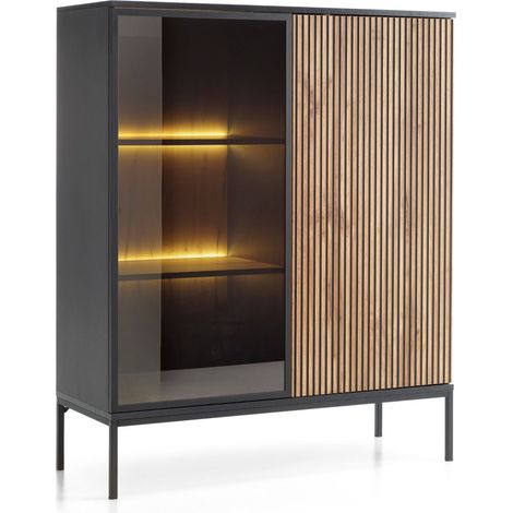 Vitrine 104 cm Haller - Glasvitrine 104 cm - Glastür, Lamellen, LED-Beleuchtung - Loft Stil (Wotan Eiche / Schwarz) (1/5)