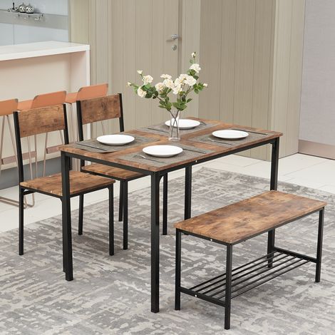 Puluomis Dining Table and Chairs Set, Modern Industrial Style Dining Room Furniture, Metal Frame, for Dining Room Kitchen Bistro Bar Restaurant Patio, 4 Pieces, 1 Table 2 Chairs and 1 Bench, Brown