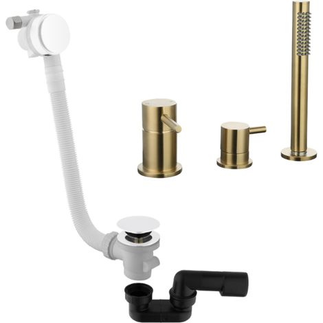 Mitigeur bain douche mécanique sur table PAINI Ortence laiton brossé + Vidage remplissage trop plein et bonde clic-clac siphon 90cm PAINI blanc mat (1/4)