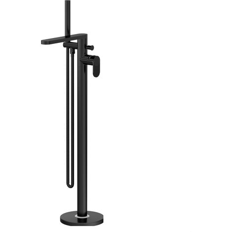 Modern Freestanding Round Bath Shower Mixer Tap with Fluted Lever Handle and Kit - Matt Black (1/4)