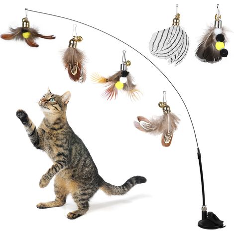 Baguette à ventouse pour chat avec 6 plumes de rechange, jouet interactif, Rotation à 360 degrés (1/5)