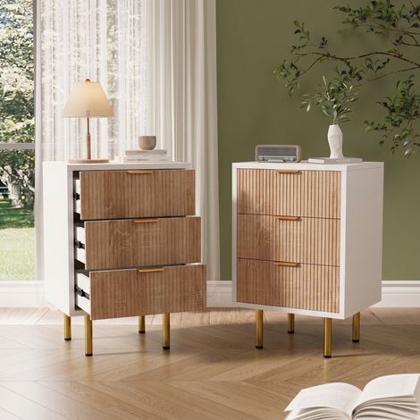 Set di 2 comodini 40 cm – 3 cassetti con finitura testurizzata – Maniglie e piedini in metallo – Stile scandinavo e moderno – Legno naturale