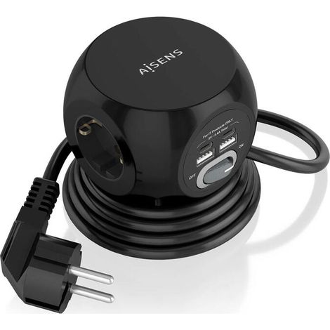 AISENS - REGLETA DE ENCHUFES SOBREMESA MULTIFUNCION CON 3 TOMAS + 2xUSB-C, 2xUSB-A, 1.4M, NEGRO (1/4)
