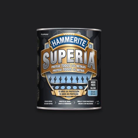 HAMMERITE superia brillo negro 0.750 l , Hammerite Superia brillo negro 0.750 L Nueva generación en esmalte antioxidante al agua Aplicado directo al óxido sin necesidad de (1/4)