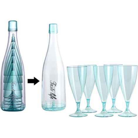Champagne Glass - Plastic Stemware Set 6 Piece - 160 ml Capacity - Blue - For Cold Drinks Juice Cocktail - 5 Cups + 1 Bottle Container (1/4)