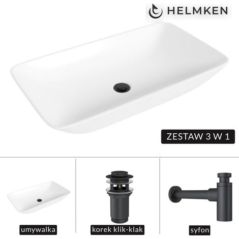 Helmken 88670000 Aufsatzwaschbecken (70x40) Weiß + Mattschwarzer Siphon + Mattschwarzer Klick-Klack-Verschluss (1/5)