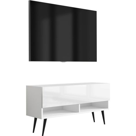 Meuble TV 100 cm Blanc Mat / Blanc Brillant, pieds obliques noirs, 100 × 32 × 52 cm (1/5)