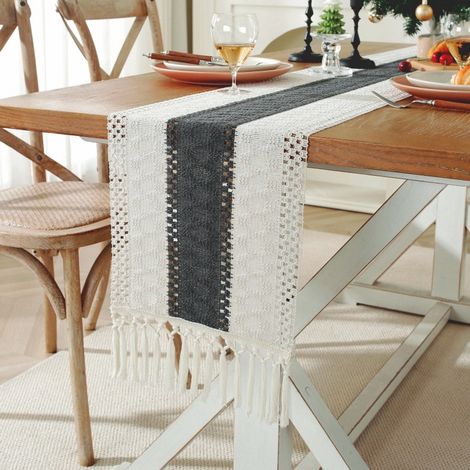 Chemin de table en coton et lin bicolore cousu - 30 x 220 cm, chemin de table neutre de style bohème - décoration rustique tissée - idéal pour la décoration de table, les mariages, les fêtes et la déc (1/5)