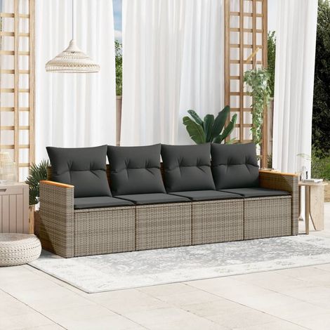 Ensemble Salon de Jardin Modulaire 4 Places en Résine Tressée Gris avec Coussins et Accoudoirs Acacia 120x120cm (1/3)