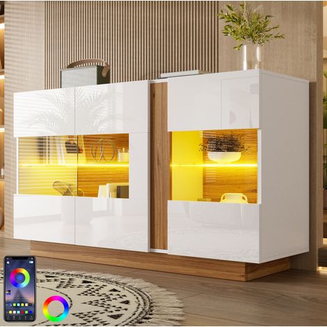 Buffet 140x38x80 cm con 3 ante in acrilico e LED regolabile, 2 nicchie, bianco e naturale (1/5)