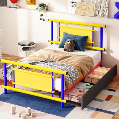 Kinderbett Metall blau 90x200 cm mit Schubladen, Lattenrost und platzsparendem Gestell