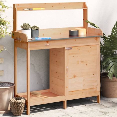 Table de jardinage avec armoire, marron, 110,5 x 45 x 124,5 cm, bois de sapin massif (1/5)