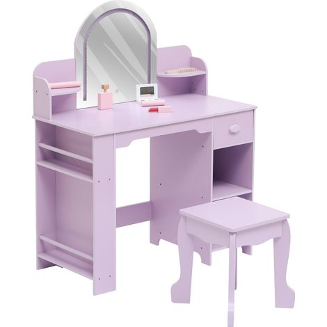 Coiffeuse pour Enfant avec Tabouret Et Miroir LED, Petite Table De Maquillage avec Tiroir Et 1 Compartiments Ouverts, pour Fille De 3-6 Ans, Violet (1/5)
