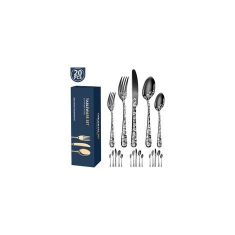 Ensemble de 20 couverts en acier inoxydable, format pour 4 personnes, noir (1/5)