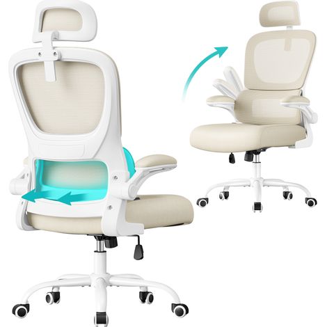 Songmics – Fauteuil de bureau ergonomique – Tissu en maille double couche – Accoudoirs rabattables – Soutien lombaire réglable – Appui-tête ajustable – Beige
