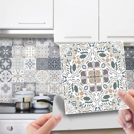 Stickers Cuisines Marron-Gris Rétro Autocollant Anti Huile Cuisine Adhesive pour Cuisine Stickers Murale Adhesif Salle de Bain Deco Cuisine24P,20cm x 20cm (1/4)