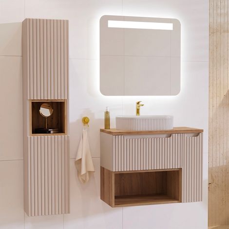 Mueble lavabo 80cm Riva Cashmere y madera con nicho y pedestal (1/4)