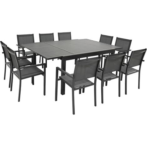 Happy Garden – Salon de jardin extensible 10 places 140/200cm – Structure aluminium anthracite – Revêtement textilène gris – Chaises empilables