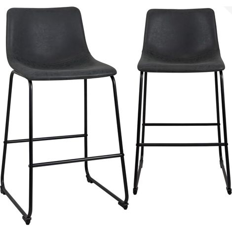 Ensemble de 2 chaises de bar industrielles, hauteur d'assise 65 cm avec dossier, revêtement en similicuir effet vintage, pieds en métal noir Helio 64 (noir gris) (1/5)