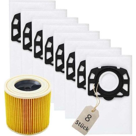Lot de 8 Sacs 2.863-314.0 pour aspirateur Karcher KFI 357 WD2 Plus, WD3S, WD3S V, SE 4001, SE 4002, KWD3, WD3.200, 1 filtre à cartouche 2.863-303.0 (1/2)