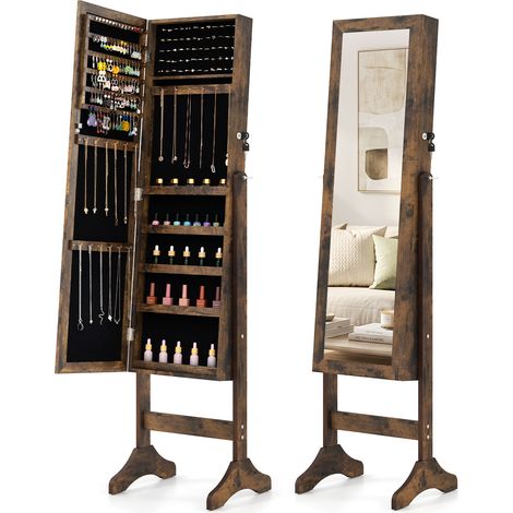 Armoire à Bijoux sur Pied avec Miroir Pleine Longueur, avec Porte Verrouillable, Dispositif Anti-basculement, 40 x 36 x 156 cm, Marron (1/5)