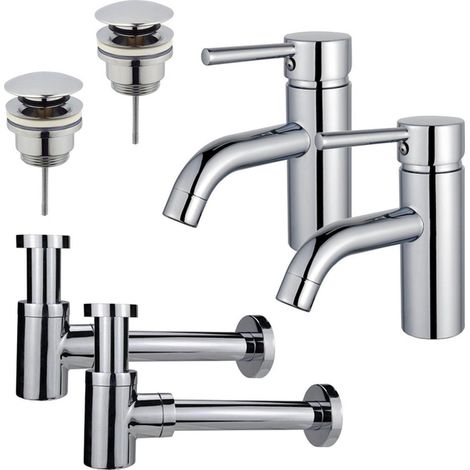FugaFlow Eccelente Sobrado Kit robinet lavabo - pour double vasque - robinet bas - bonde clic clac - siphon design bas - Chrome brillant (1/4)