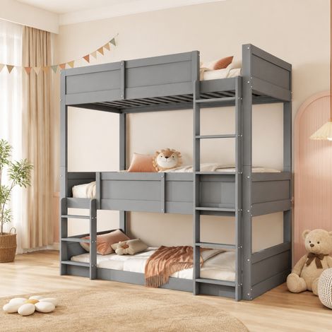 Etagenbett 90/200 cm grigio in legno, a tre posti con protezione alta e design salvaspazio (1/5)