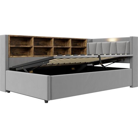 Lit coffre 90 x 200 cm en velours gris clair avec LED, USB et ports Type-C (1/5)