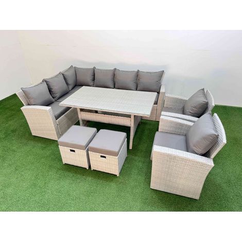Fimous 10 Seater Rattan Garden Furniture Set Outdoor Patio Dining Corner Sofa Sets with Dining Table 2 Chairs 2 Small Footstool Light Grey Mixed (1/5)