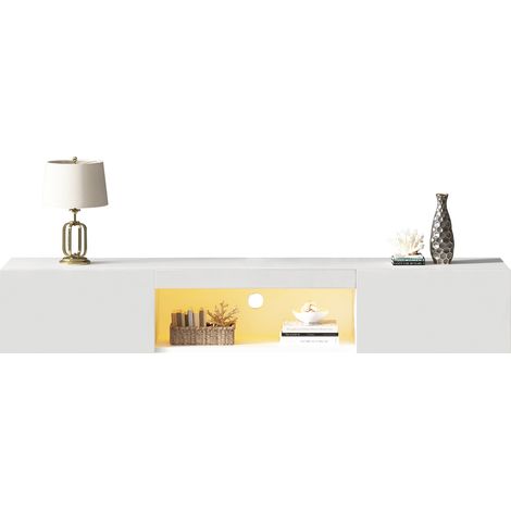 Meuble tv mural 160 cm blanc brillant avec led et bluetooth, pour écran jusqu’à 70 pouces
