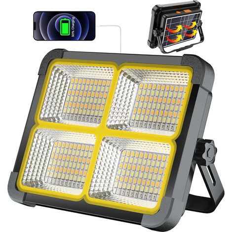 100 W wiederaufladbarer LED-Flutlichtstrahler, 12.000 mAh wiederaufladbarer Baustellen-Flutlichtstrahler/Solarpanel/4 Beleuchtungsmodi, wiederaufladbarer Akku-Flutlichtstrahler, ideal für Camping, Arb (1/4)