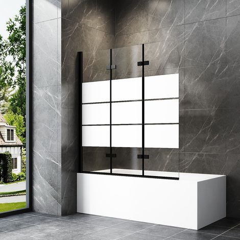 130x140cm Schwarz Badewannenaufsatz 3-teilig Duschwand für Badewanne Duschtrennwand für Badewanne Duschwand Badewanne Faltwand Duschabtrennung Badewanne, 6mm ESG Glas mit Milchglas Streifen