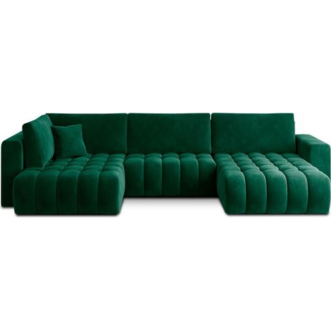 Sofá esquinero BONITA convertible 6 plazas verde oscuro efecto terciopelo – derecho – 350x175cm (1/3)