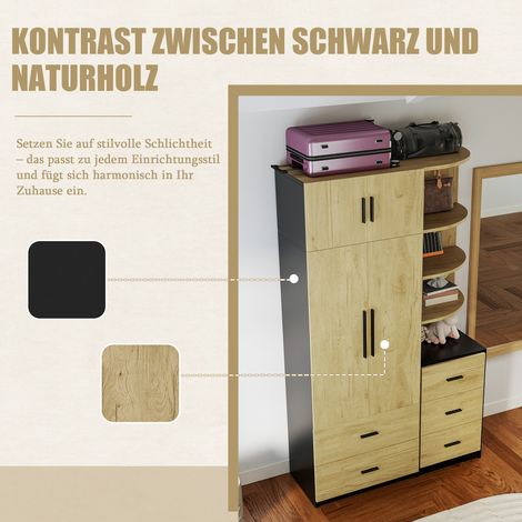Armoire 2 portes + vitrine avec tringle et 5 tiroirs, meuble de rangement chambre en bois naturel et noir, placard à vêtements avec penderie, étagère et tiroirs, finition bois clair et noir (1/5)
