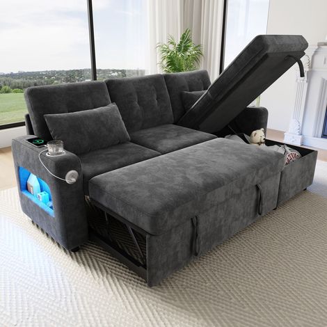 Seyakany Canapé convertible 3 places avec LED,USB,porte-gobelets, poches latérales,rangement,canapé d'angle en L,canapé 3 places,chenille,Gris (1/5)