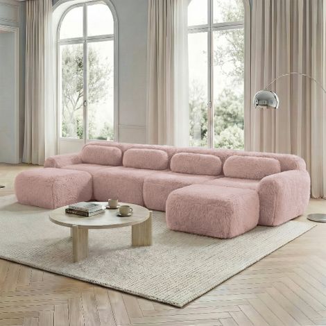 U-förmiges modulares Sofa, keine Montage, frei kombinierbar, Plüschstoff, rutschfester Boden, mit Kissen. Ergonomische Unterstützung, hochelastischer Schaumstoff, geeignet für Wohnzimmer, Rosa 
WL