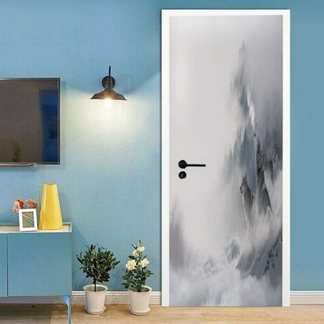 Lntyq Sticker Porte Effet 3D Chambre Décoration Loup Animal De Montagne De Neige 77 X 200 Cm Stickers De Porte Auto-Adhésif Imperméable Amovible Art Stickers Pour Salon Chambre Décoration Autocollan
