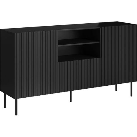 Buffet Malo, buffet de salon avec deux portes battantes, un tiroir et deux compartiments ouverts, design effet cannelé, 150 x 42 x 82 cm, noir (1/4)